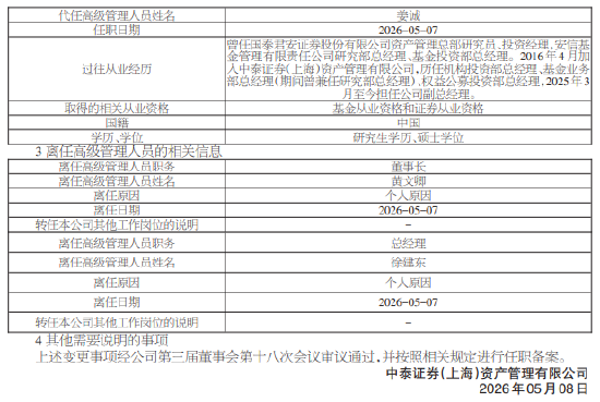 中泰证券资管董事长、总经理同日换人：姜天坊接棒董事长 百亿基金经理姜诚代任总经理