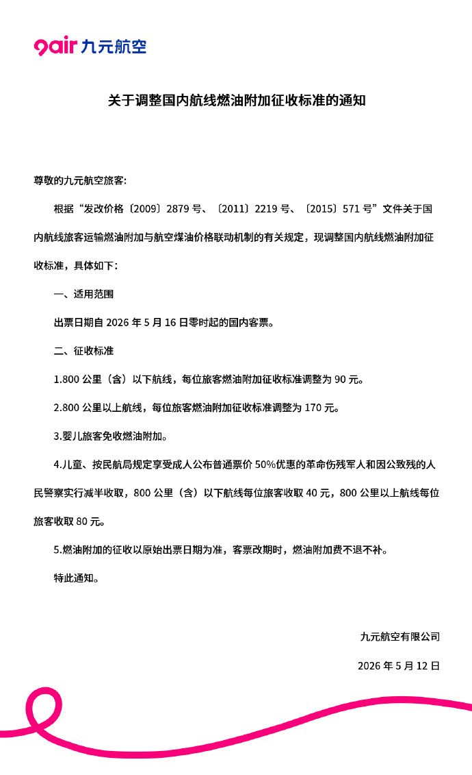 国内航线燃油附加费将再上调，5月16日起单程最高170元