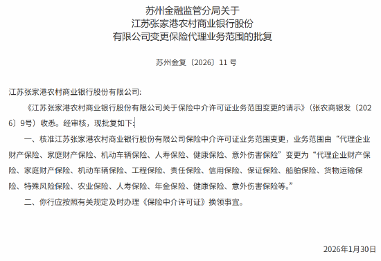 张家港行获批变更保险中介许可证业务范围