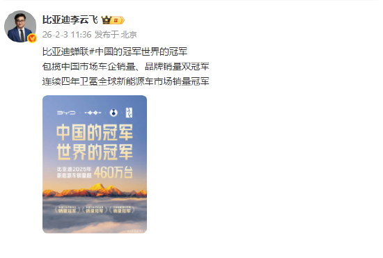 李云飞：比亚迪连续四年卫冕全球新能源车市场销量冠军