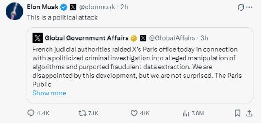 法国司法部门搜查X巴黎办公室，马斯克称这是“政治攻击”