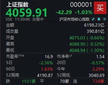 A股低开低走，沪指半日下跌1.03%