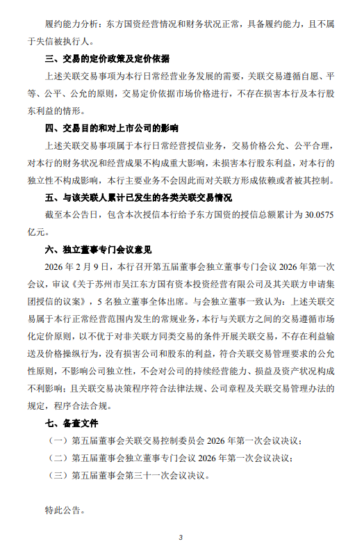 苏州银行:拟对东方国资授信30.06亿元