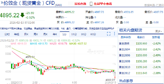 快讯：现货黄金低开30美元 失守4900美元/盎司