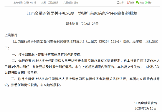 上饶银行首席合规官、首席信息官任职资格获核准