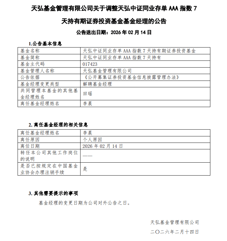 天弘中证同业存单AAA指数7天持有基金经理变更 李晨离任