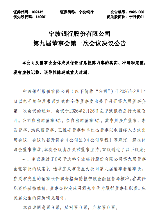 宁波银行董事会换届工作完成:庄灵君当选董事长,冯培炯当选行长
