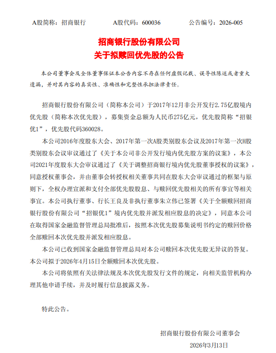 招商银行：拟于4月15日全额赎回“招银优1”