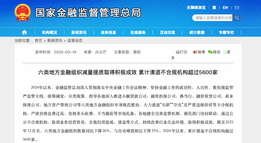 超5600家失联空壳机构被清退 六类地方金融组织被整治