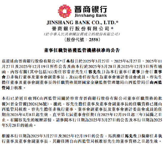 晋商银行:容常青获批担任董事及副董事长