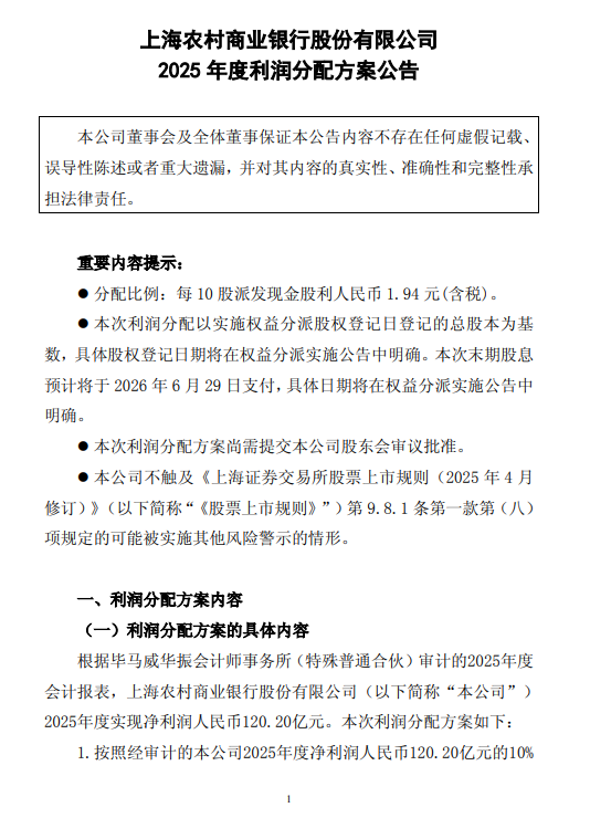 沪农商行发布2025年度利润分配方案 拟每10派1.94元