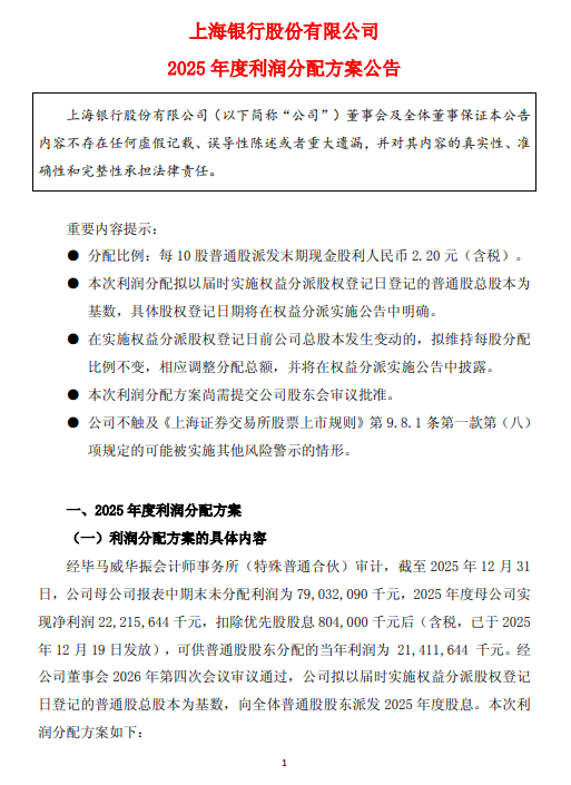 上海银行发布2025年年度利润分配方案 拟10派2.20元