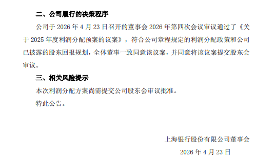 上海银行发布2025年年度利润分配方案 拟10派2.20元