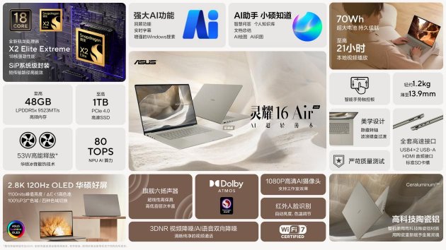 华硕灵耀Air系列、ProArt 骁龙版正式发布：超长续航的创作本