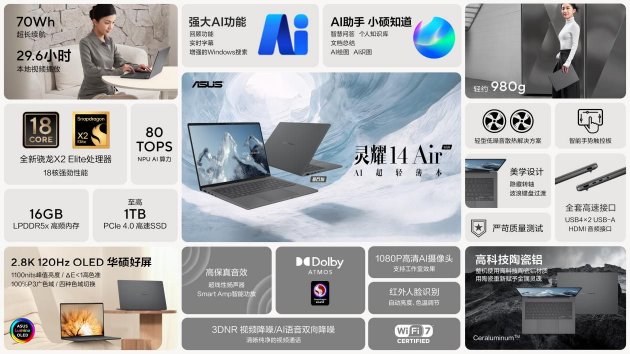 华硕灵耀Air系列、ProArt 骁龙版正式发布：超长续航的创作本