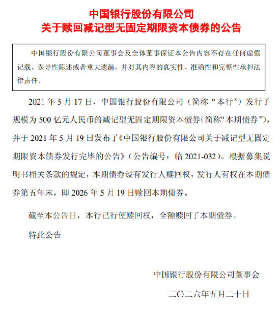 中国银行：全额赎回500亿元减记型无固定期限资本债券