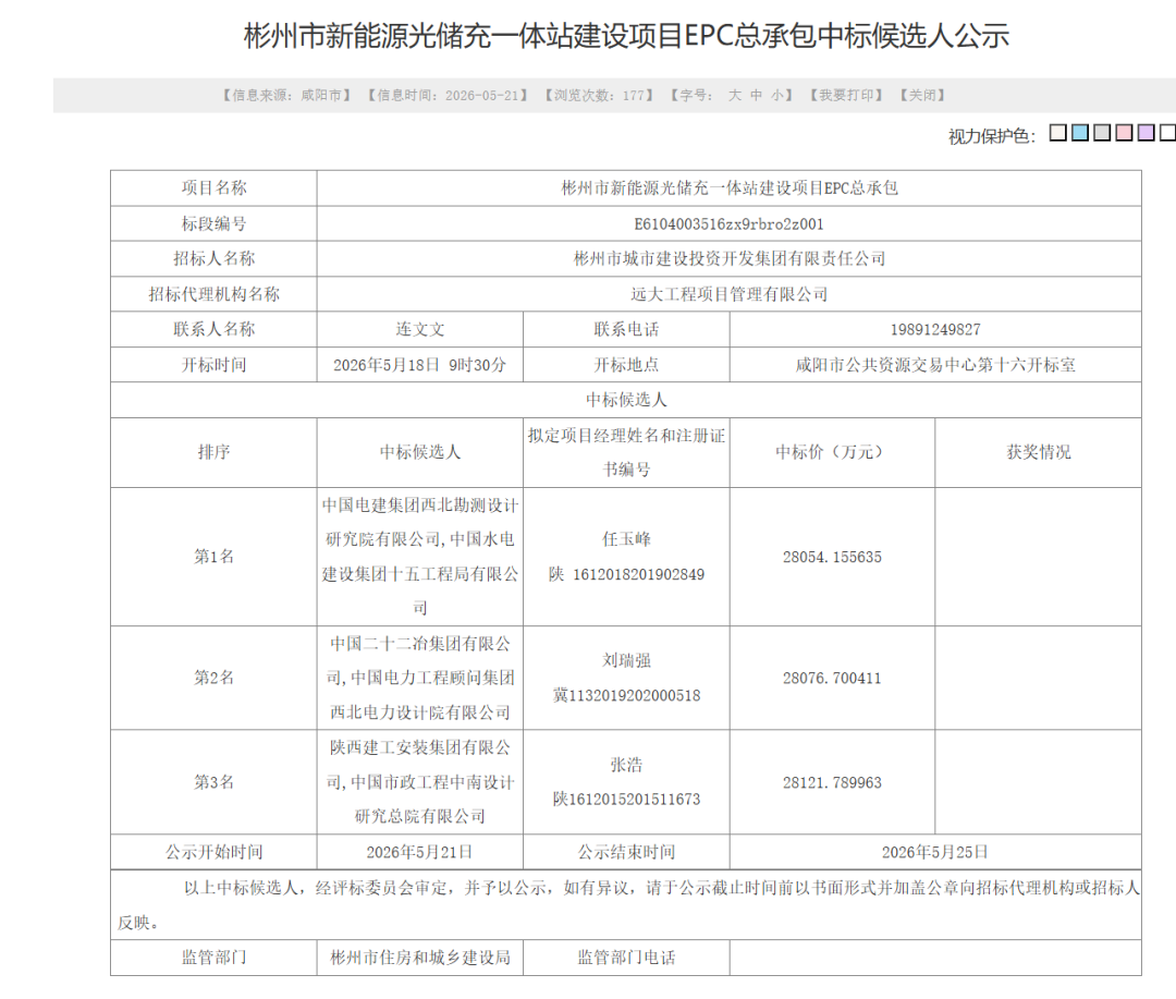 4.03元/瓦，中电建拟中标彬州城投70MW光储充一体化EPC